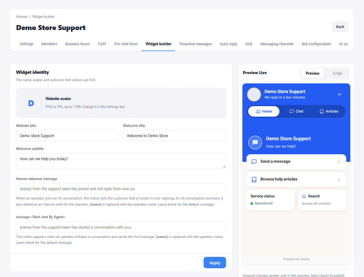 Actual widget customization interface in a sample workspace