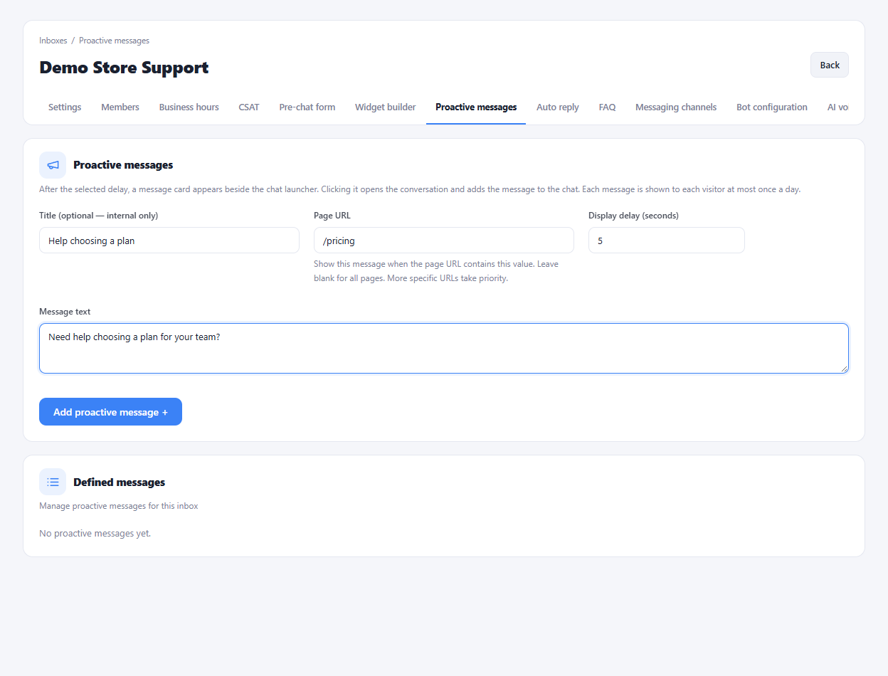 Actual proactive messages interface in a sample workspace