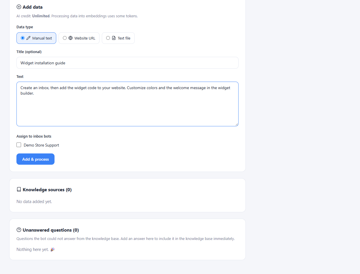 Actual adding knowledge sources interface in a sample workspace