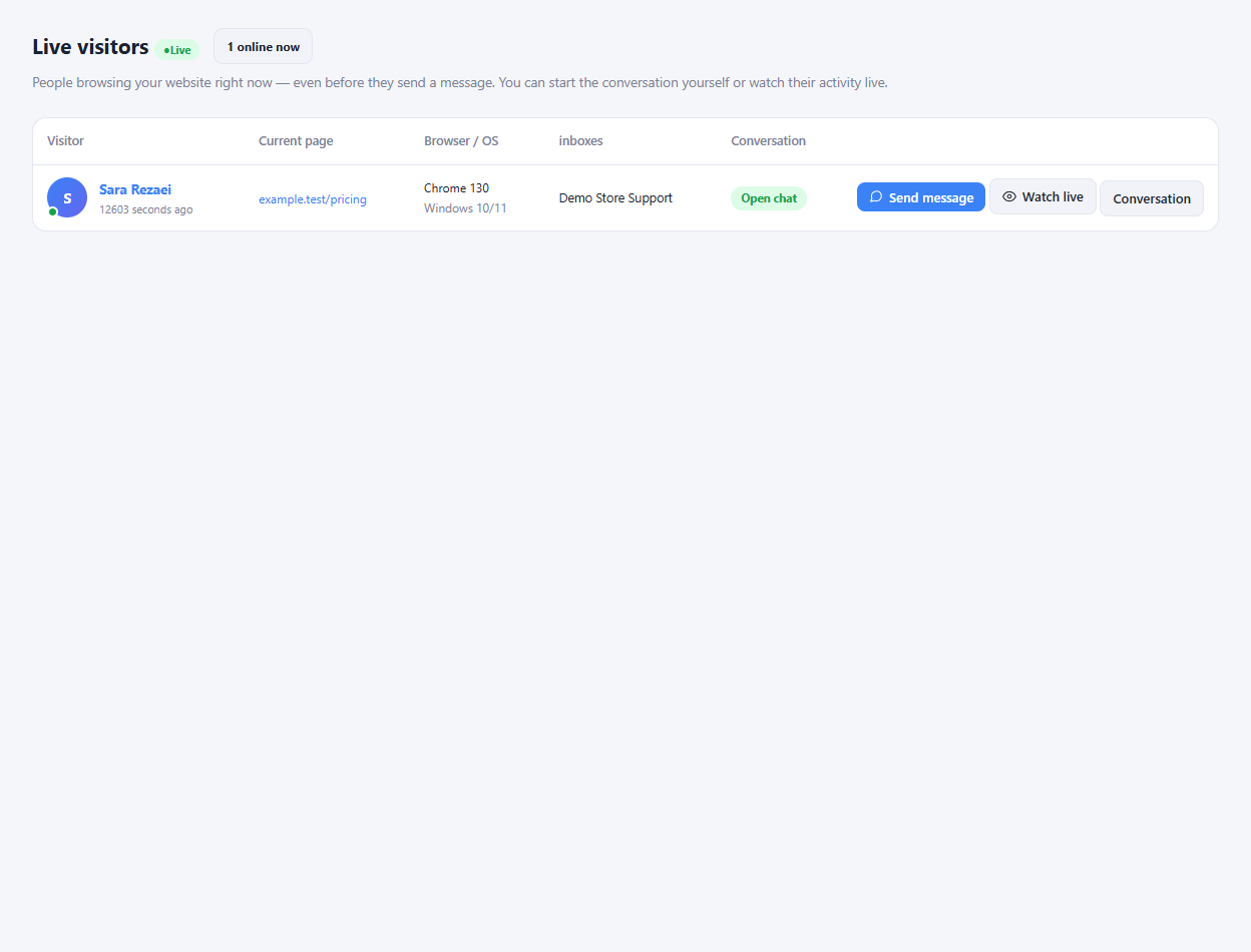 Actual live visitors interface in a sample workspace