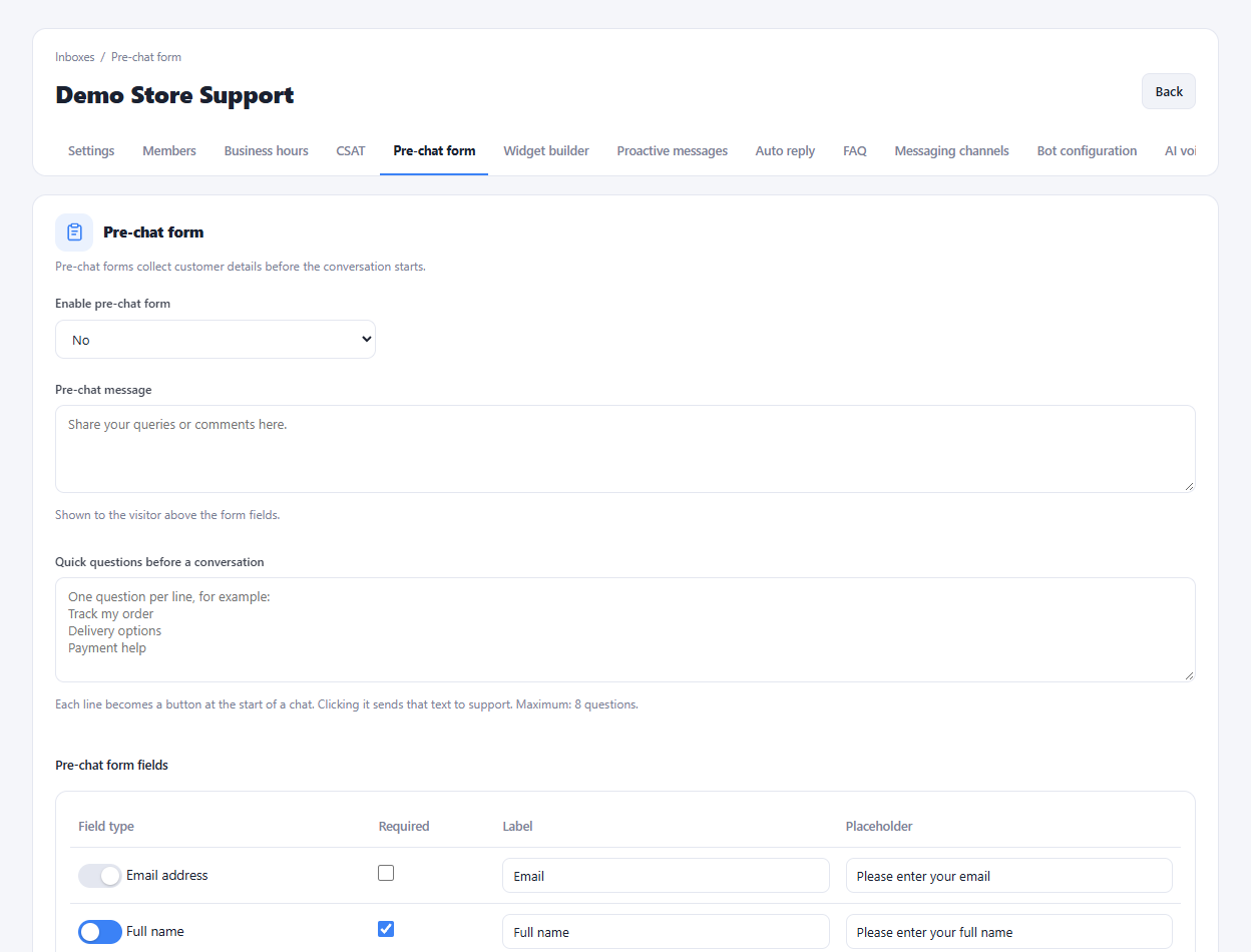 Actual pre-chat form interface in a sample workspace