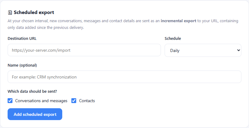 Actual scheduled data exports interface in a sample workspace